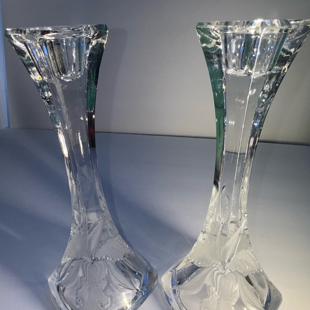 🇵🇱 Irena Poland 24% Lead Crystal 10" Candlestick Holder Pair - Etched Orchid - Picture 4 of 8
